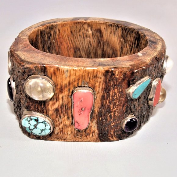 X-Wide Vintage Wooden “Bark” Bangle with Silver Inset Semi-Precious Stones (2)